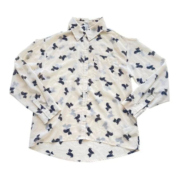 I love H81 Kitten Print blouse Women's Size S/P cream & black cat button down - Picture 3 of 10